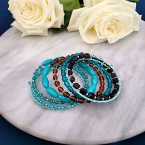 Elegant Turquoise and Brown Beaded Bracelet Set